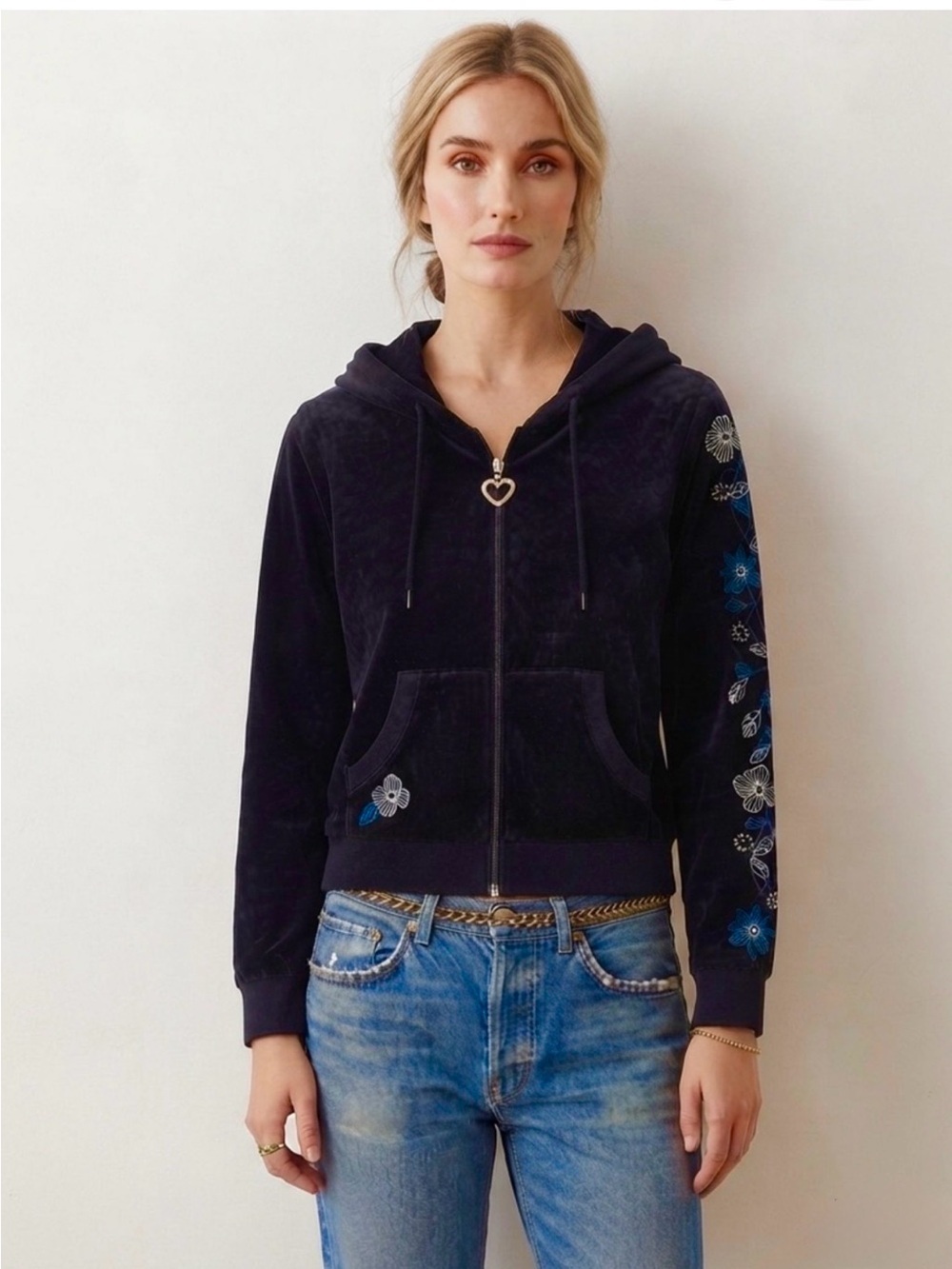 Spy-C Vintage Y2K Embroidered Floral Velour L Zip Up Hoodie Jacket Pockets Heart